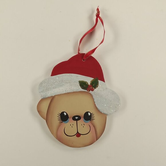 Teddy Bear Head Christmas Hat Country Rustic Holiday Ornament w/ Ribbon Hanger - Picture 1 of 3